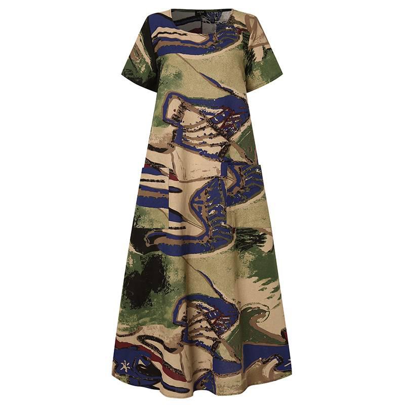 Damen Sommerbekleidung: Kurzärmeliges Langes Kleid, Bedrucktes Freizeitkleid