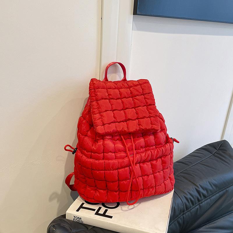 Niche casual simple design women's summer wind backpack pleated cloud fashion down cotton plaid drawstring backpack