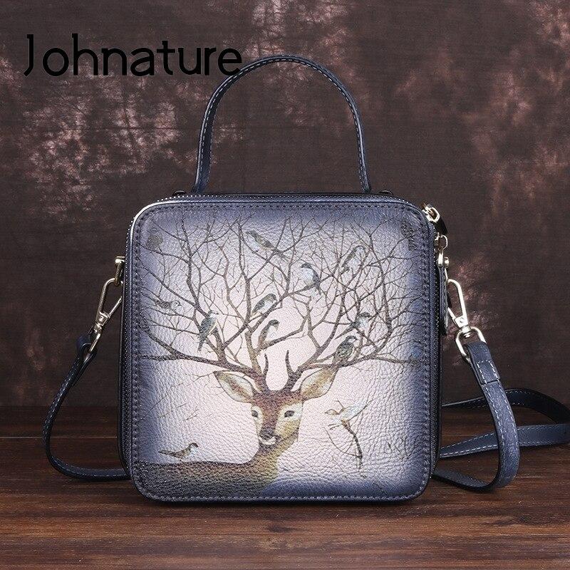 Johnature Retro Small Bag Genuine Leather Women Handbag Hand Brushed Animal Prints Cowhide Shoulder & Crossbody Bags