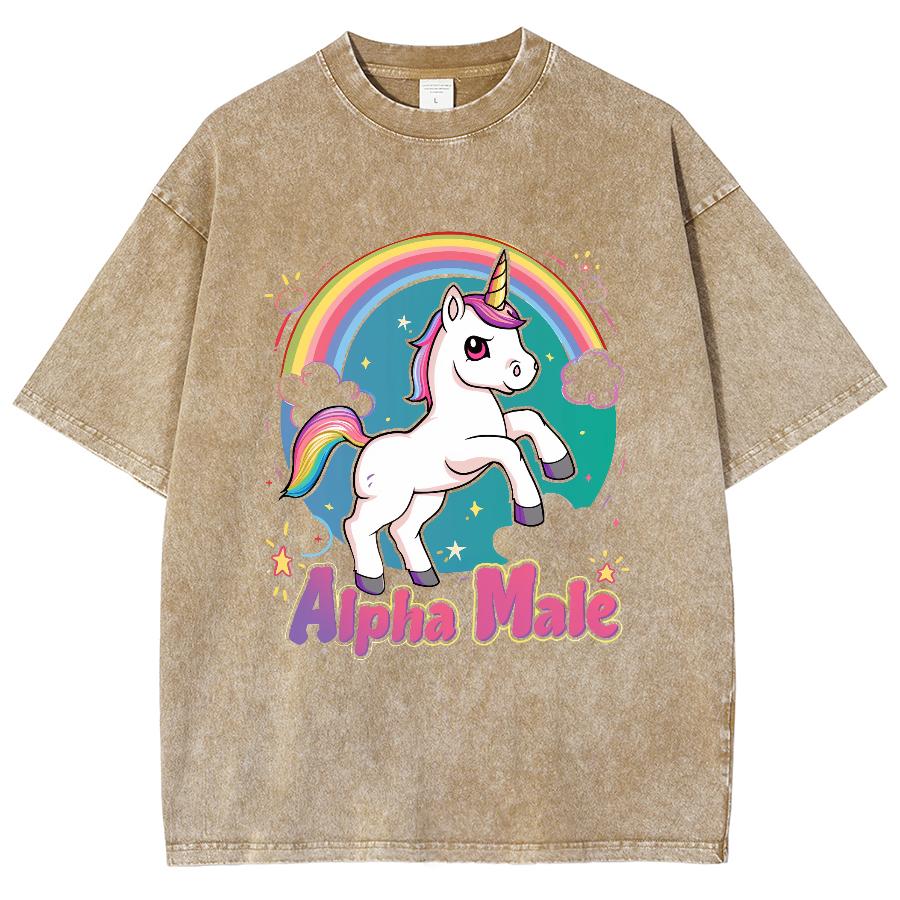 Rainbow Pony Print Women's T-Shirt Washed Denim Comfortable Oversized Short Sleeve Cute Casual Youth Beautiful Teen Top