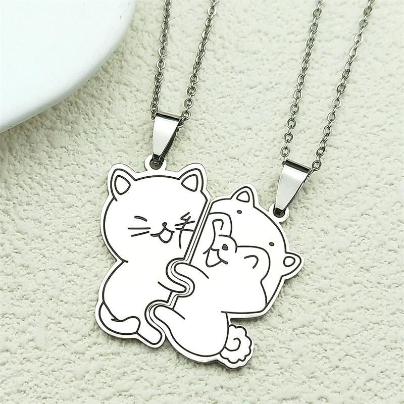 2Pcs Cat Face To Bear Pendant Necklace Women Men Couple Stainless Steel Gold Color Love Friendship Bff Chain Jewelry Set Gifts