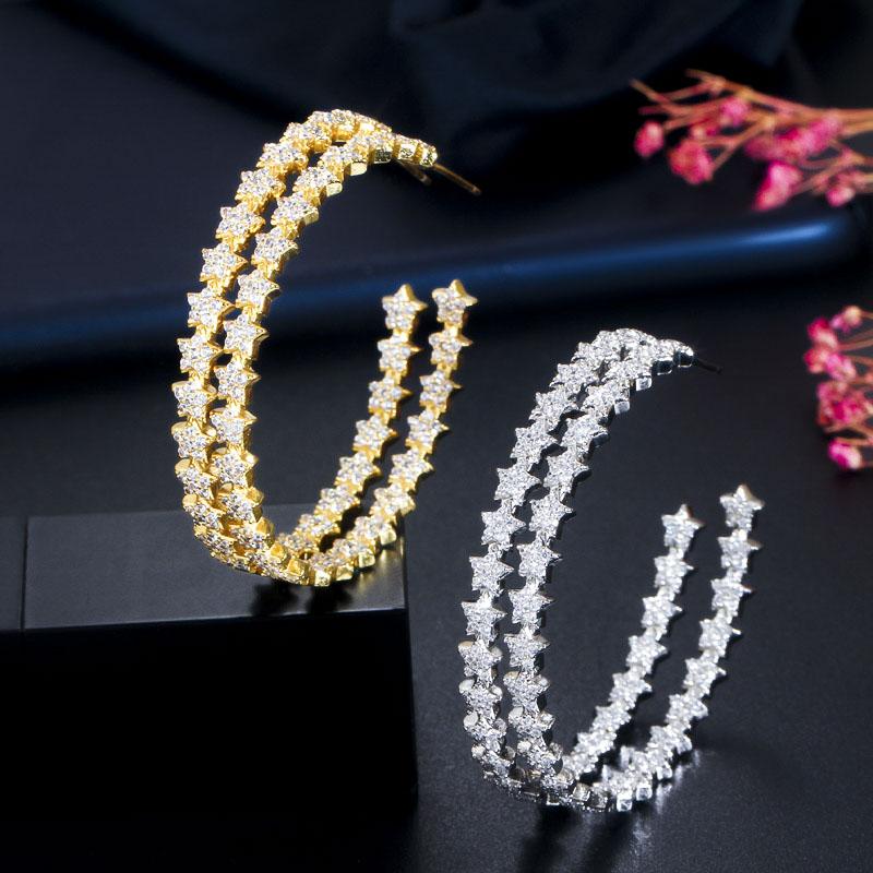 WWJ Golden Color Jewelry Big Circle Lucky Star Cut Zircon Hoop Earrings
