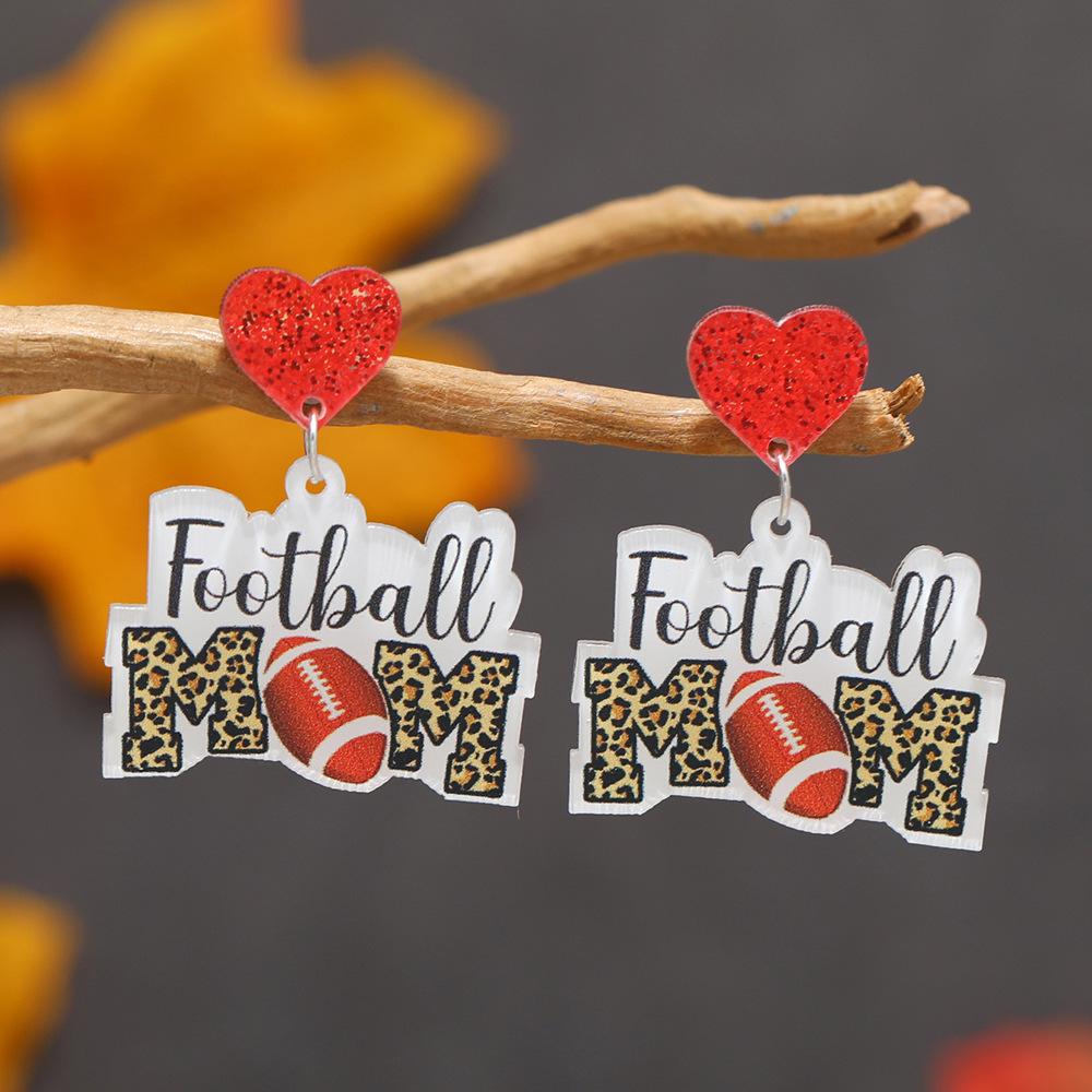 Leopard Print Heart Rugby Acrylic Earrings – European & American Sports Style
