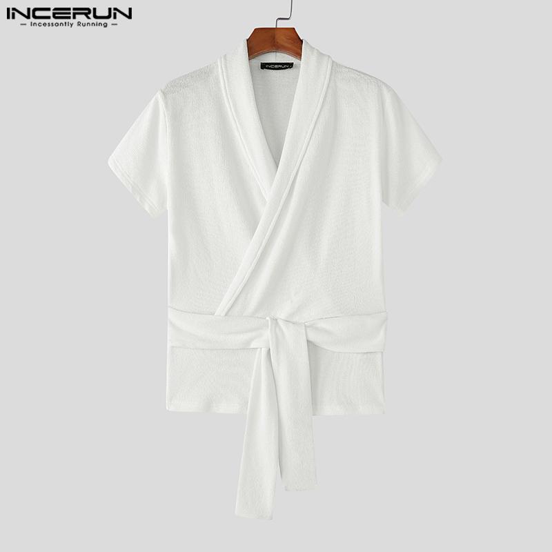 INCERUN Men V Neck Front Cross Lace-up Semi-Sheer Casual Texture Tops