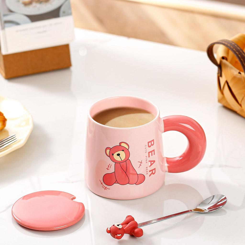Cute Cartoon Ceramic Cup Pink Bear Mug with Lid Spoon High Looking Girl Drinking Water Cup Office Coffee Cup