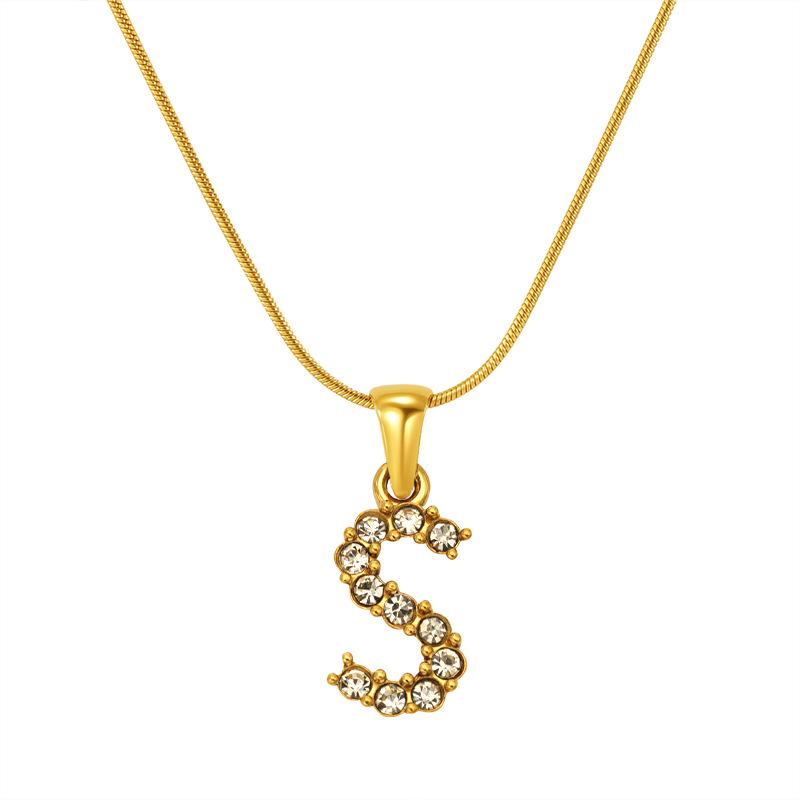 European & American Stainless Steel Diamond Alphabet Pendant Clavicle Chain Necklace for Women