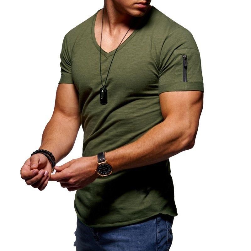New Summer Short Sleeved Zipper Casual T Shirt Men Casual V Neck Fashion T-Shirt Men Fitness Streetwear Tees Tops