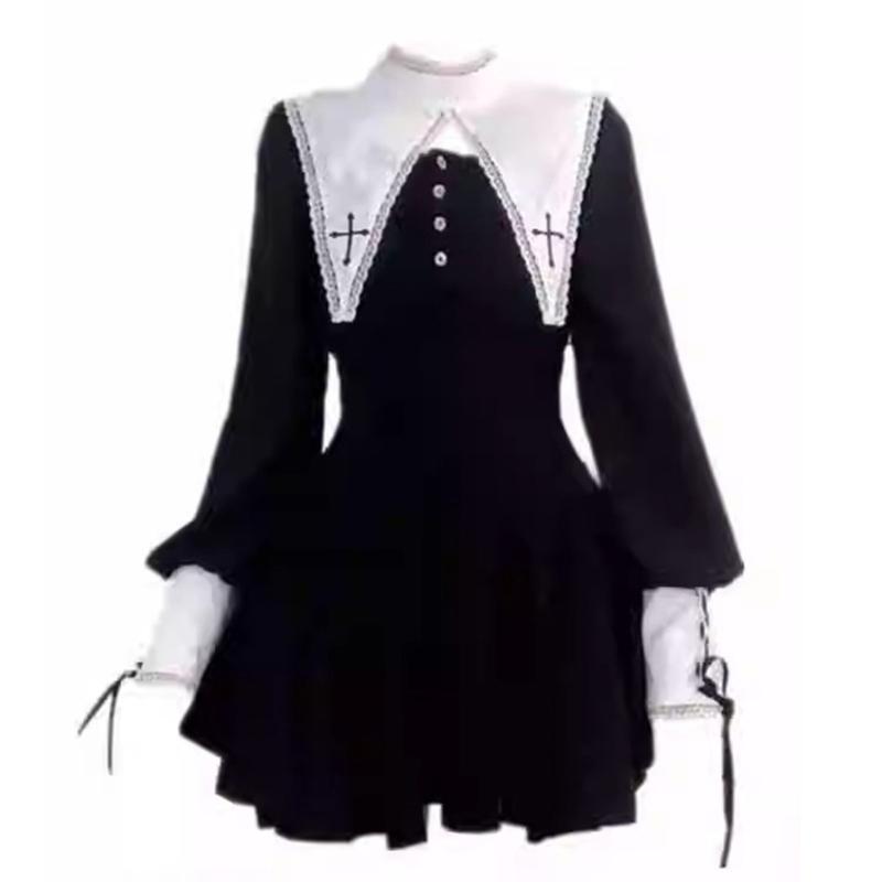 

Gothic Horror Nun Costume Dress Long Sleeve Comfortable Fabric Gothic Outfit Accessories Religious Mystery Cosplay S