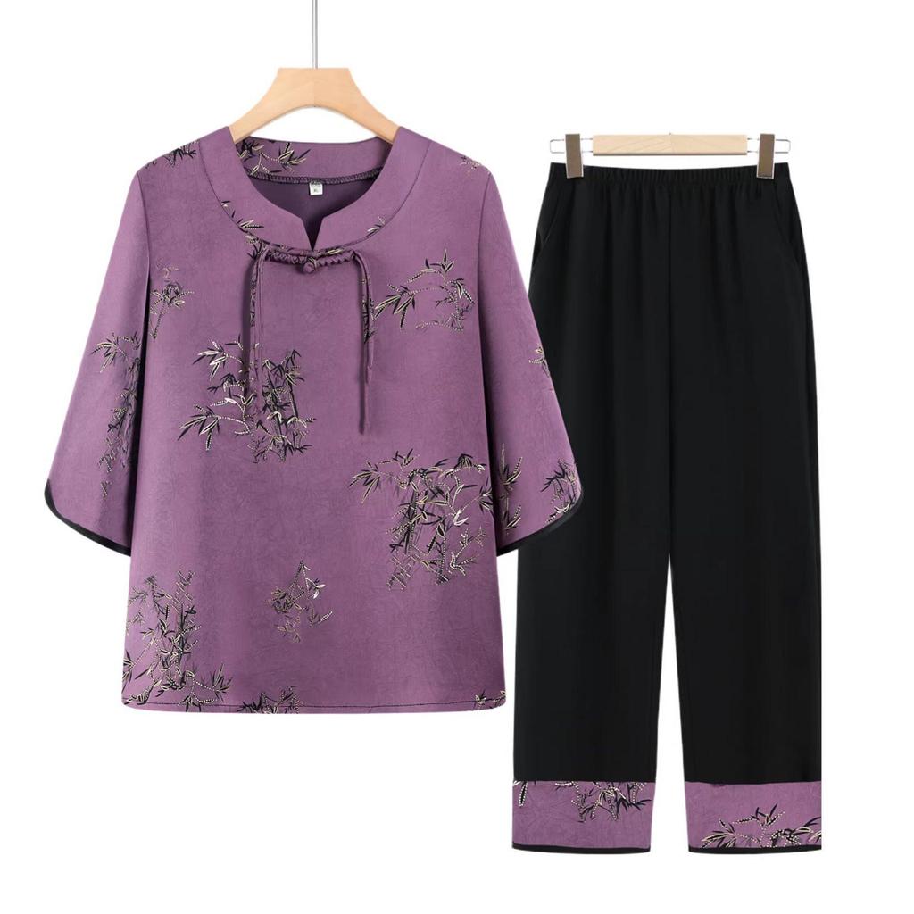 Chinese Style Summer Two-Piece Set: Short-Sleeved Outfit for Middle-Aged & Elderly Women