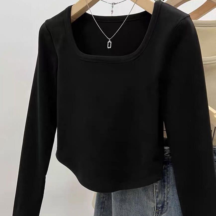 Ribbet firkantet halsringning Slank langermet T-skjorte for kvinner Perfekt for indre slitasje topper