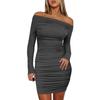 Damen-Clubkleid, elastisch, dünn, schmal geschnitten, schulterfrei, plissiert, einfarbig, langärmelig, Etuikleid, Party, über dem Knie, Länge, Minikleid