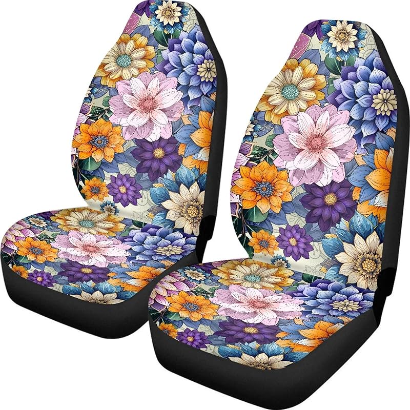 Bright Blossoms Colorful Boho Floral Print Car Seat Covers For Women,Universal Auto Front Seats Protector Fits For Car,SUV Sedan,Truck