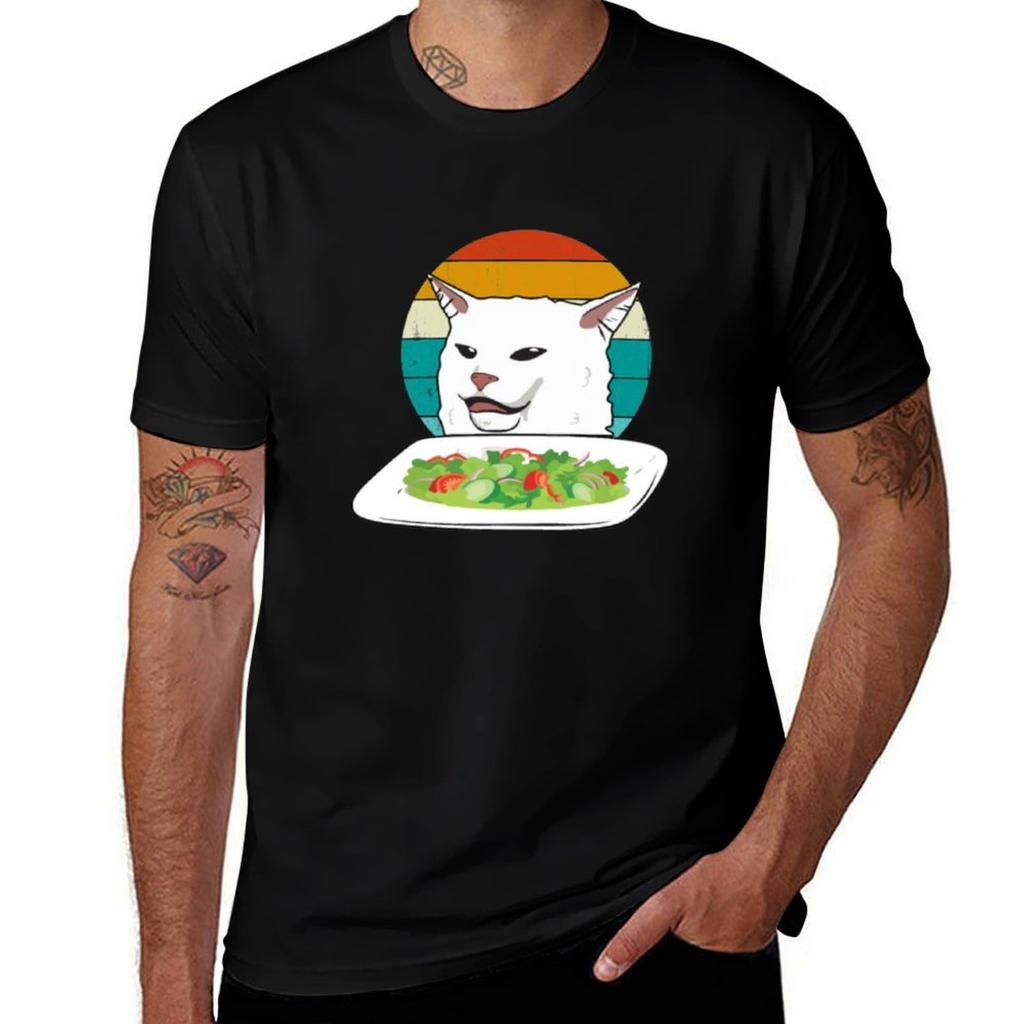 Angry Unisex Yelling At Confused Cat At Dinner Tshirt Work Wear Breathable Tee