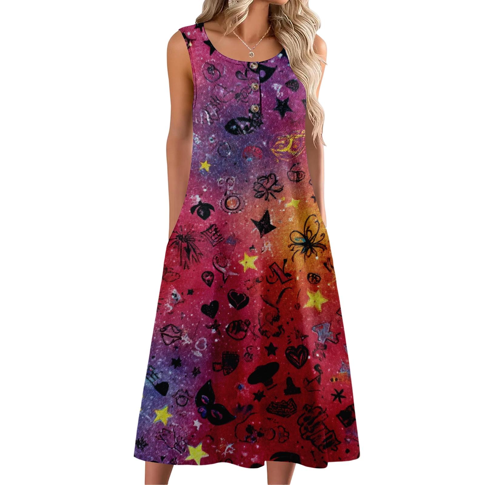 

Women s Fashion Casual Sleeveless Buttoned Carnival Printed Dress with Pockets M