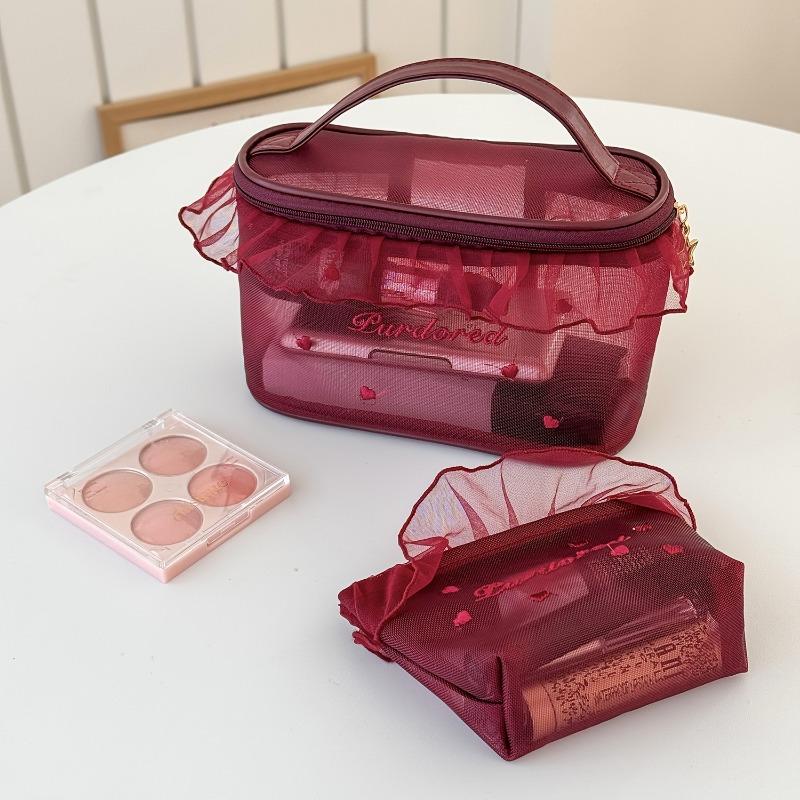 Cute Ruffle Love Embroidery Mesh Makeup Bag, Lightweight Portable Travel Cosmetic Storage Pouch