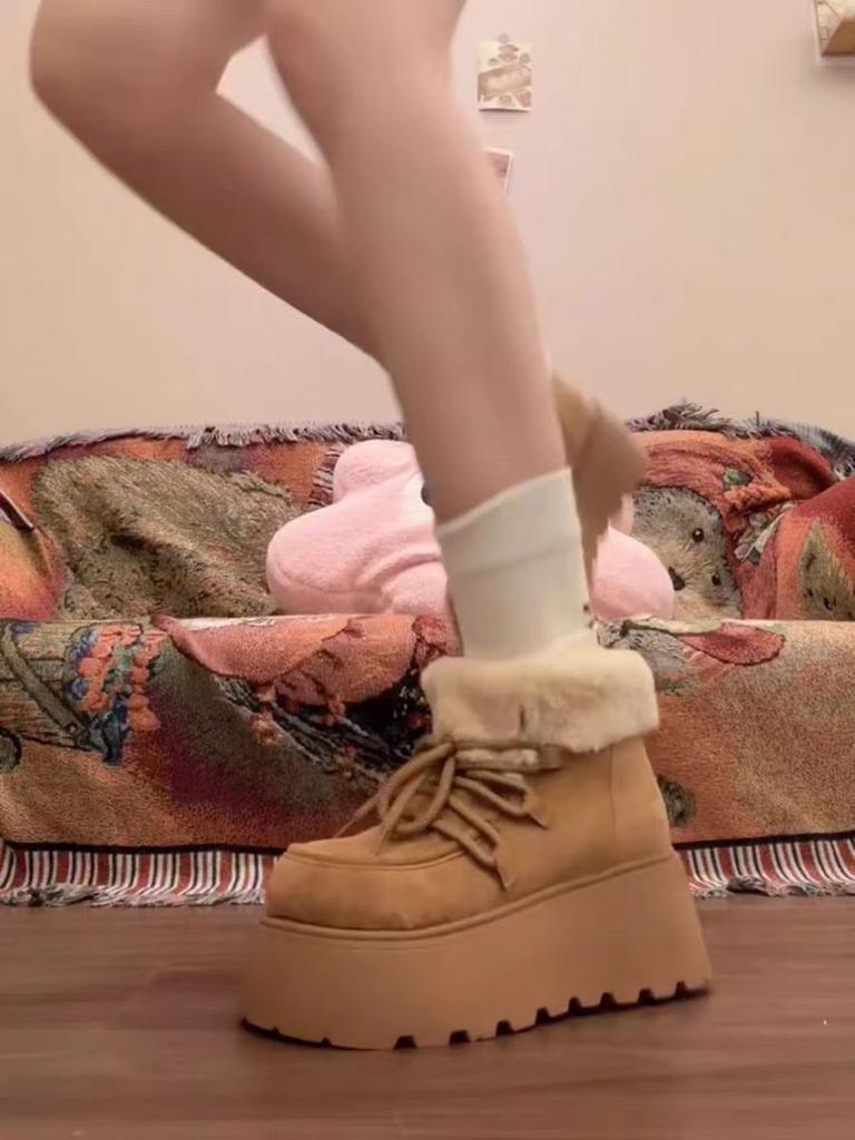 Short Tube Plush Wool Northeast Large Cotton Shoes Winter 2025 New Heightening Big Head Lace-up Thick-soled Snow Boots Women