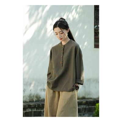 Autumn Cotton and Linen Women's Linen Stand-up Collar Color Matching Plate Buckle Pullover Plus Size Blouse Women's Cotton and Linen Shirt