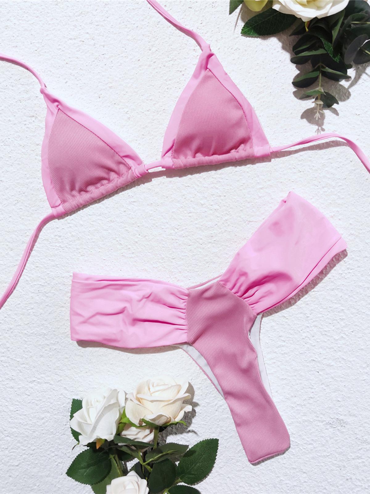 

Женский бикини с лямкой на шее, женский купальник, комплект из двух частей, комплект бикини со средней талией, мягкий купальный костюм, купальный костюм для женщин L розовый