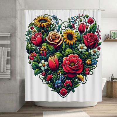 Elegant Floral Heart Design Shower Curtain - Waterproof, Mildew-Resistant, Machine Washable for Romantic Bathroom Decor