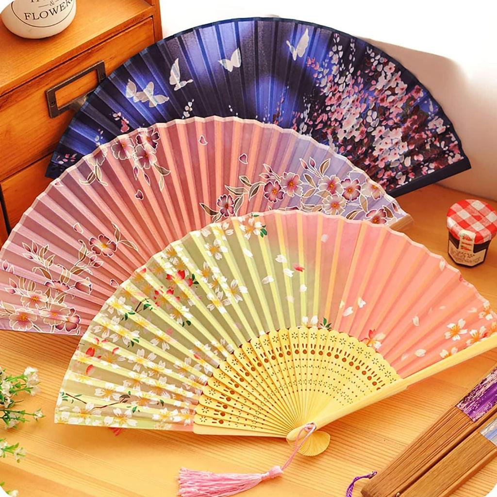 Jinchuan Folding Fan with Fan Bag and Gift Japanese Style Silk Folding Fan with Japanese Cherry and Butterfly Kimono for Women and Gift Blue Women's