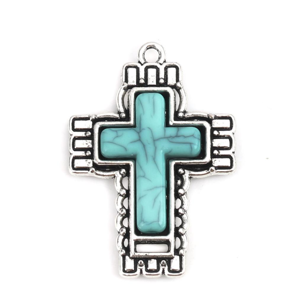 5 PCs Zinc Based Alloy Bohemia Charms Pendants Antique Silver Color Cross With Resin Cabochons Imitation Turquoise Pendants