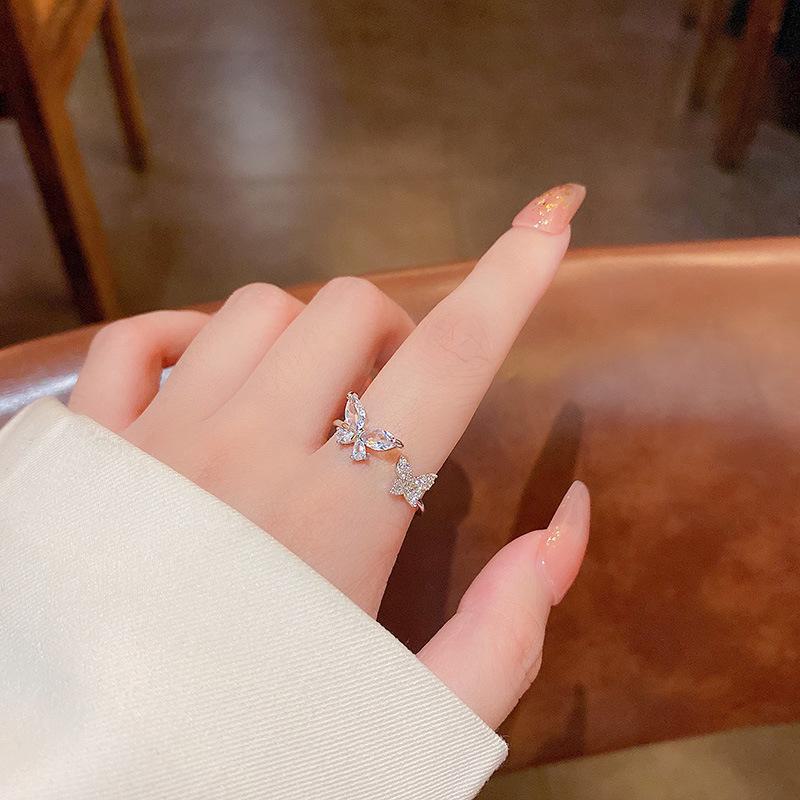 Korean Exquisite Zircon Butterfly Ring - Elegant Versatile Design for Women's Index Finger