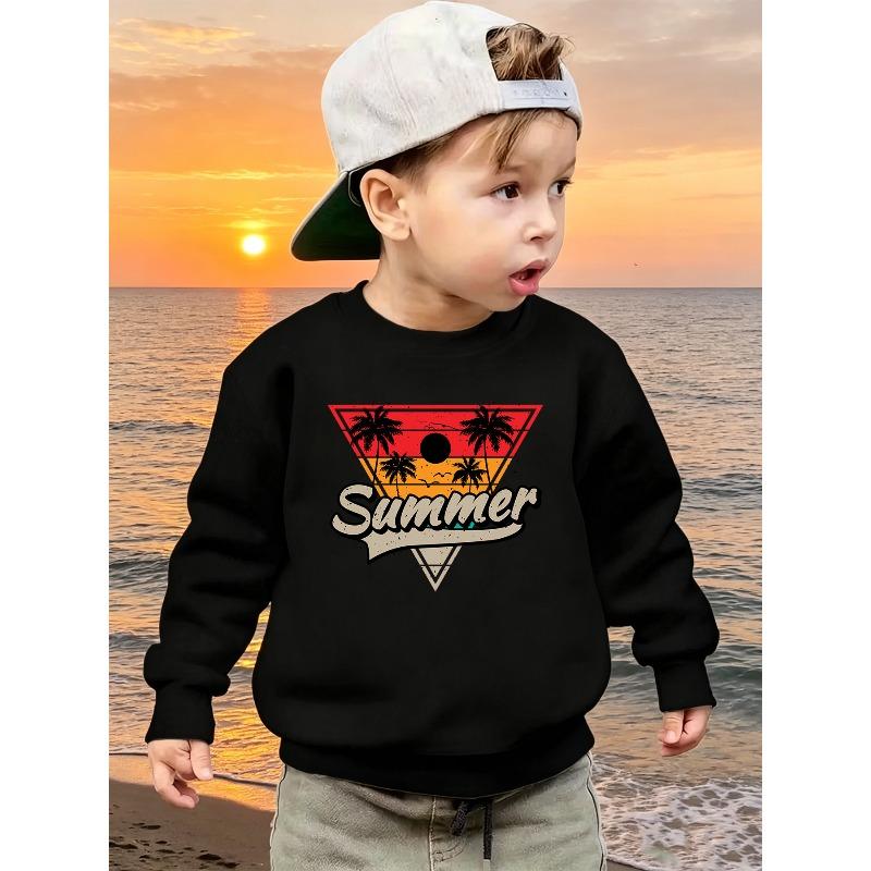 European sizes Kids' Trendy Letter and Coconut Tree Pattern Print Casual Long-Sleeve Crewneck Sweatshirt / Comfortable / Simple and Versatile