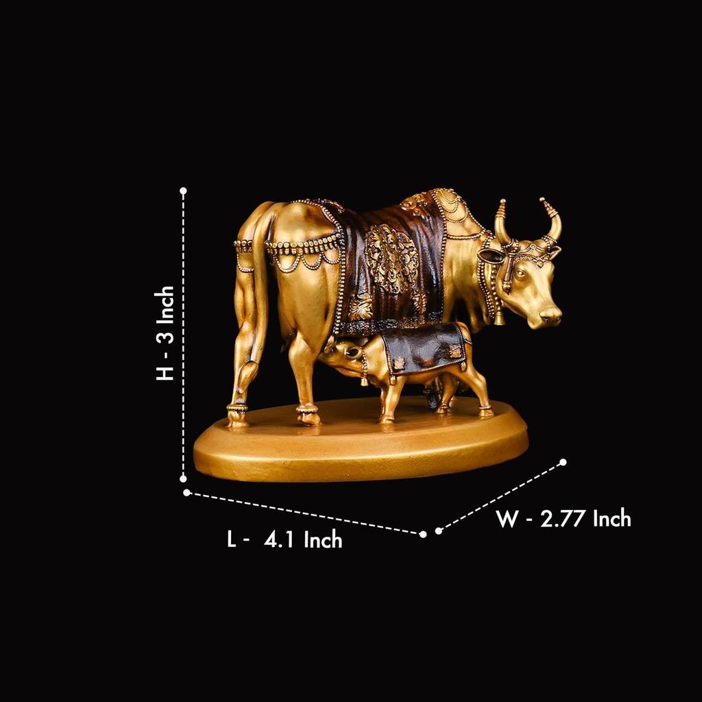Handcrafted Kamdhenu Cow and Calf Statue Kamdhenu Cow with Calf Vastu Resin Fengshui Figurine for Car Dashboard Home Deocration Gifting Good Luck