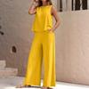 Women Solid 2 Piece Outfit, Round Neck Sleeveless Tank Top + Wide Leg Pants, Casual Matching Set