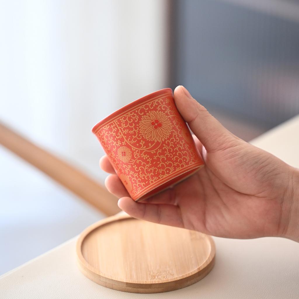 Red Festive Tangled Lotus Straight Teacup Master Cup Cola Hand Cup Holding Cup Large Capacity Personalized Wedding Cup