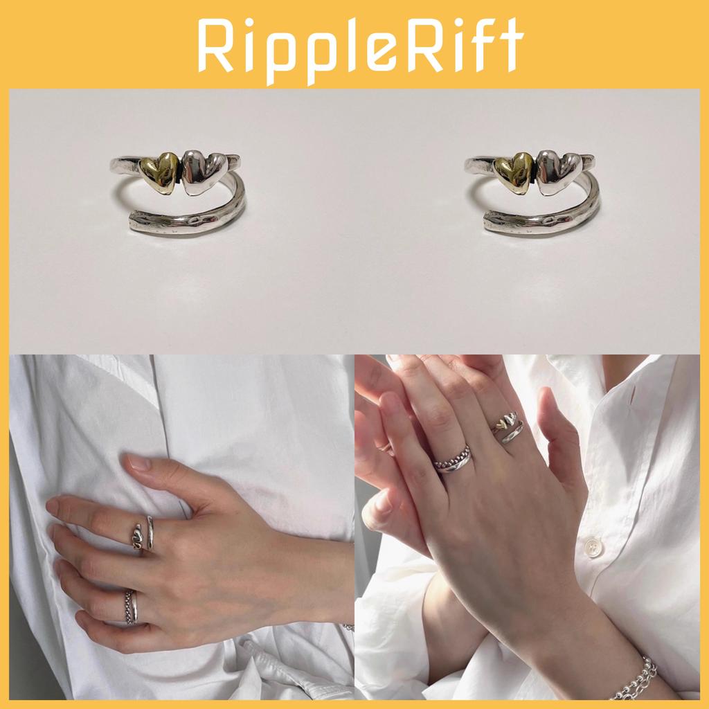 Korean Imported Vintage Handmade Textured Two Heart Adjustable Ring For Women