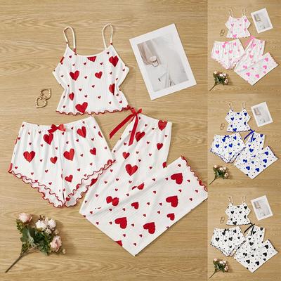 Damen Sommer Süßes Dreiteiliges Pyjama-Set Herzmuster Cami-Top Kurze und Lange Hose Loungewear Set