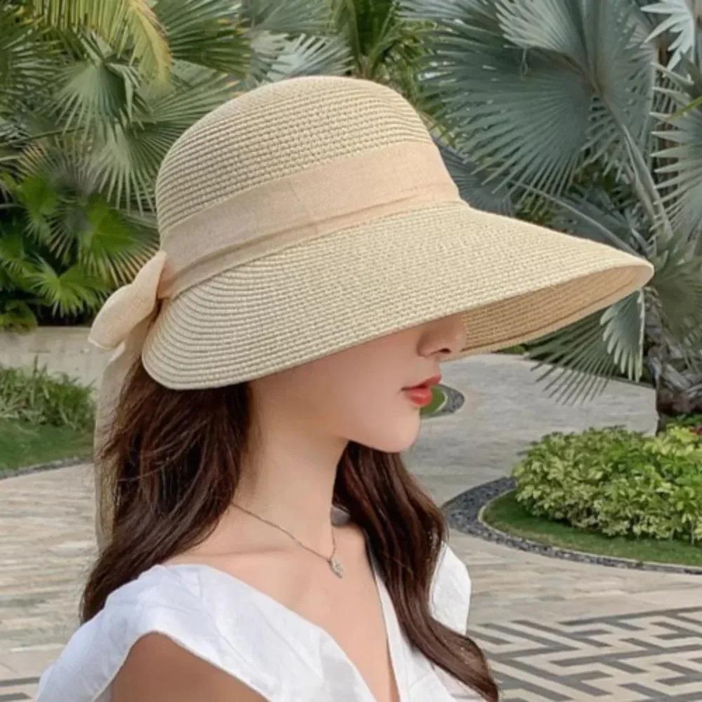 Korean Style Summer Sun Protection Woven Women'S Straw Hat Bow Tie Elegant Beach Hat Large Brim Sun Hat for Vacation Sun Hat