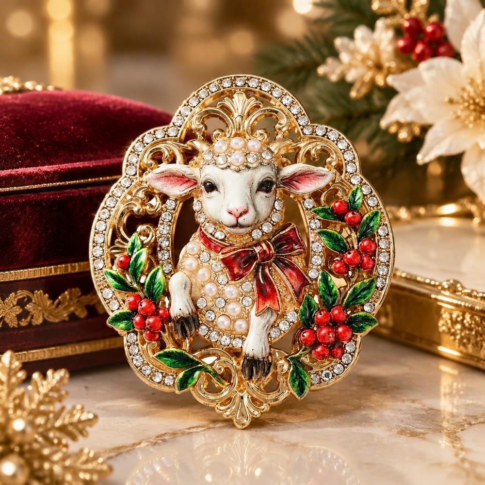 Enamel New Year Lapel Pin Rhinestone Badge Vintage Sheep Brooch Unisex