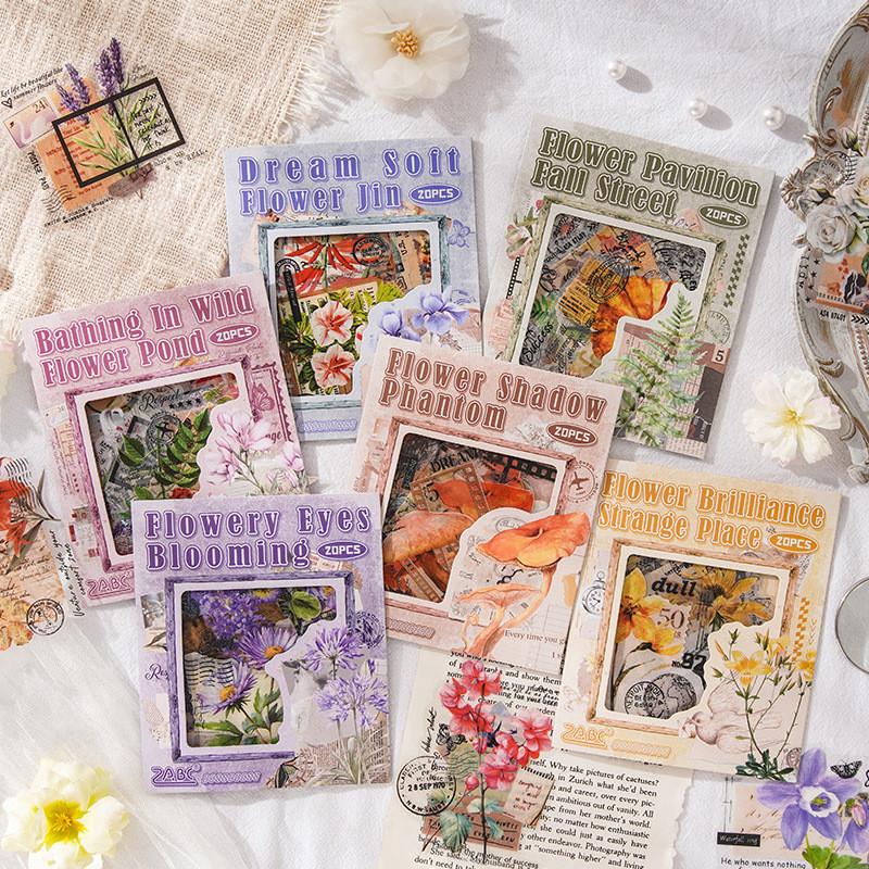 20sheets Floral Mushroom Leaves Sticker PET Stickers DIY Collage Supplies Creative Decor Scrapbook Stickers Magazine Decoration