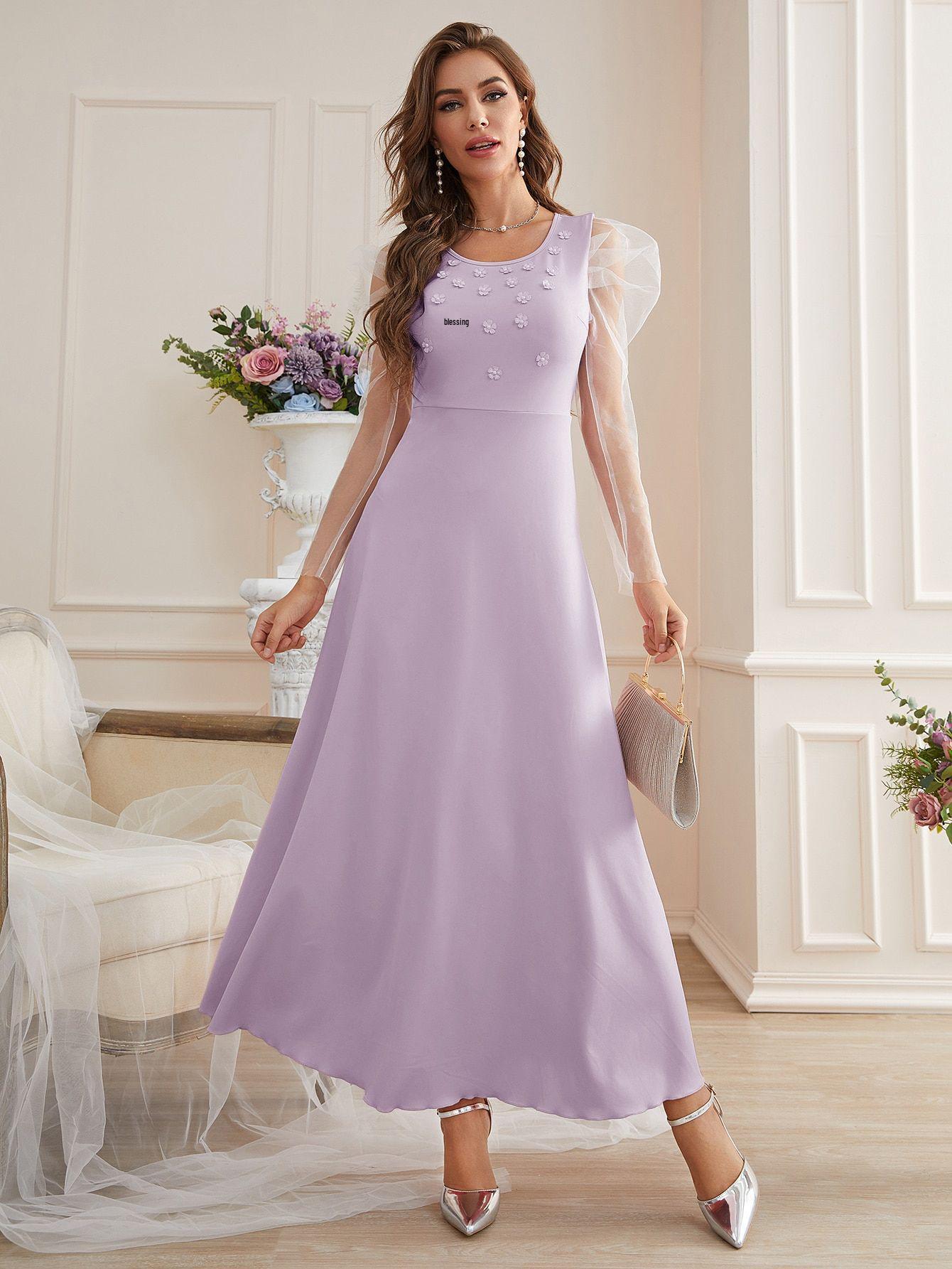 

2025 Elegant Mesh Sleeve Spring/Summer Women s Fashion Dress S світло-фіолетового кольору