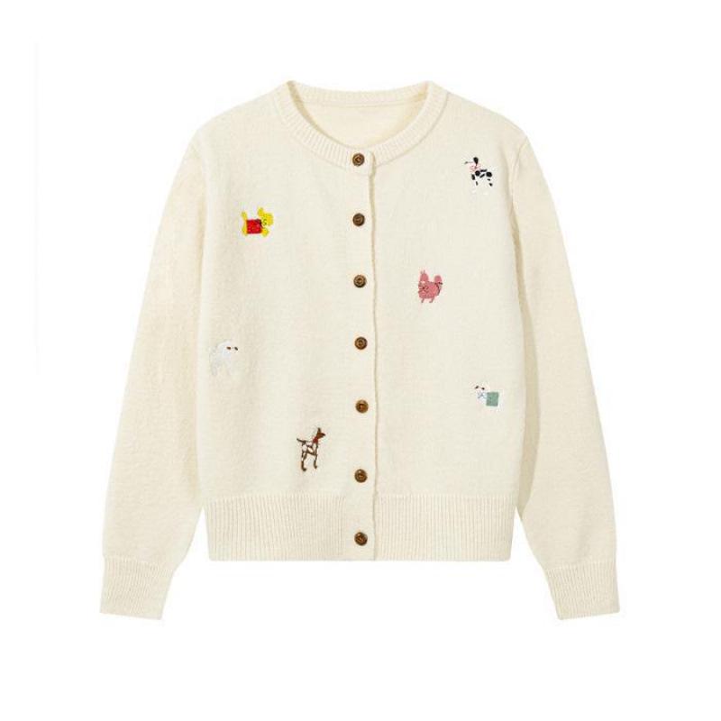 Women's Petite Fluffy Knit Cardigan: Japanese Style with Dog Embroidery, Perfect for Autumn/Winter