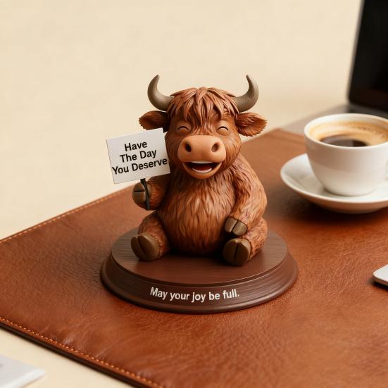 Highland Cow Figurine Emotional Support Highland Cow Statue Resin Cow Ornament with Funny Quotes Straight-Talking Companion for Desk Bookshelf Decor