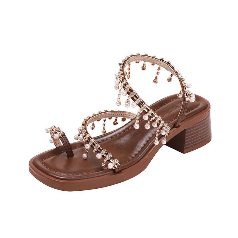 Bohemian Vacation Wind Pinch Feet Thick Heel Pearl Pendant Sandals Women's Summer Square Head Gold Rhinestone Roman Sandals