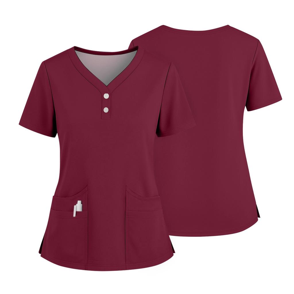 Women's Short Sleeved Solid Color V-neck Buttonable Side Slit Top T-shirt