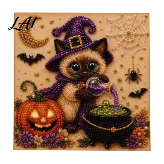 Autumn Home Decoration Halloween Cat Faux Pearl Painting Art Kit Spooky 3D Beads Moonlight Theme Crafts Cute Witch Gem Wall for Adults Craft Lovers