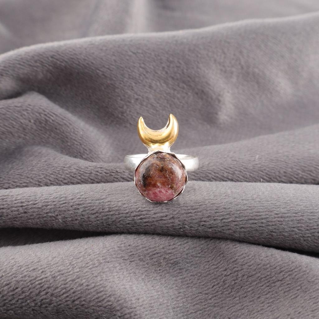 Black Rhodonite Gemstone 925 Sterling Silver Jewelry Handcrafted Two Tone Ring RR-58-33