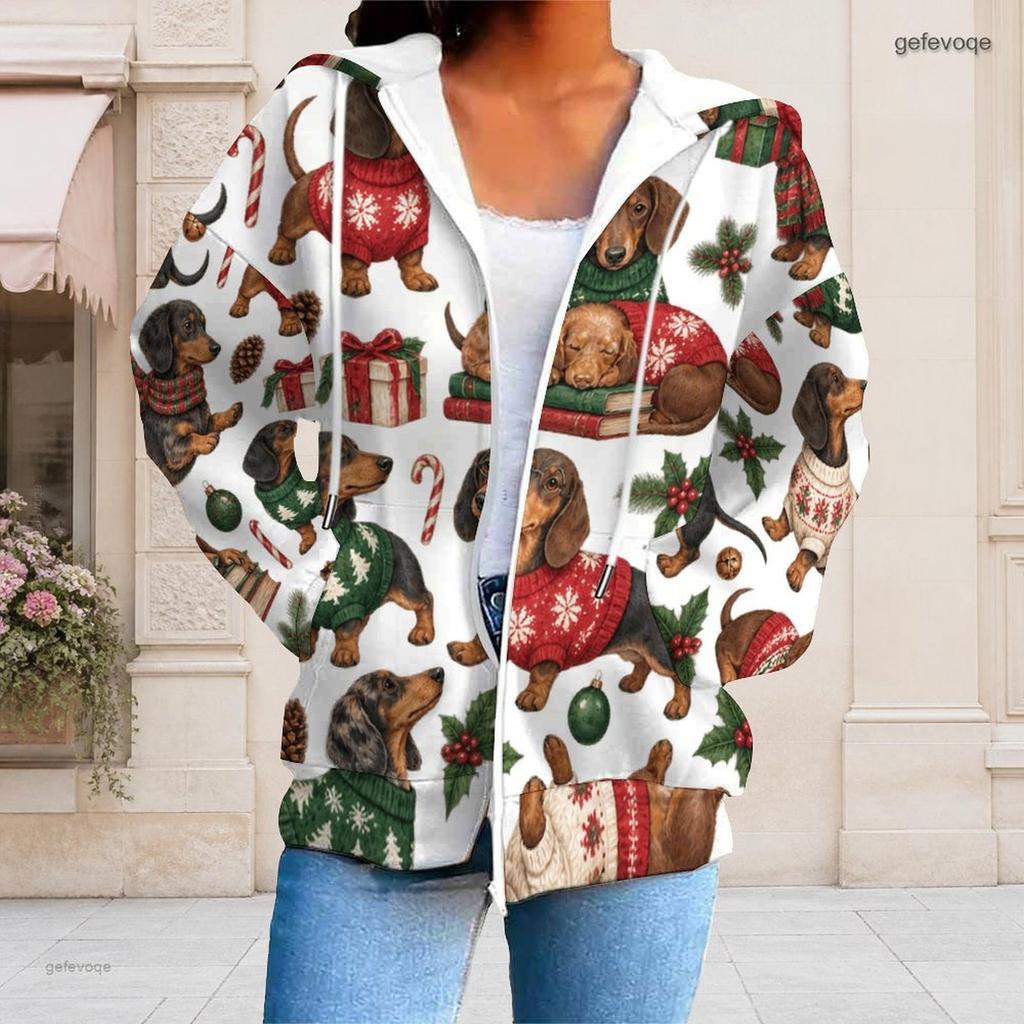 Women Plus Size White Zip Up Long Sleeve Christmas Dachshund Printed Hoodie With Pockets