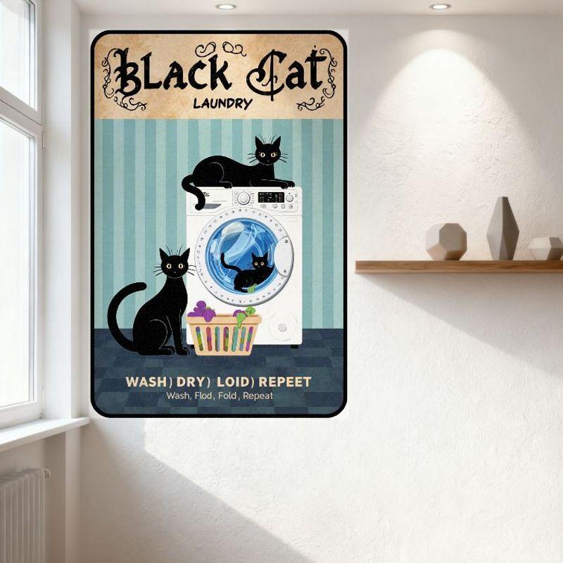 Schwarze Katze Wäsche Metallschild Vintage Skurril Wäscheraum Dekor mit Katzen Waschmaschine Bügeleisen Poster für Zuhause Bar Cafe Wand D