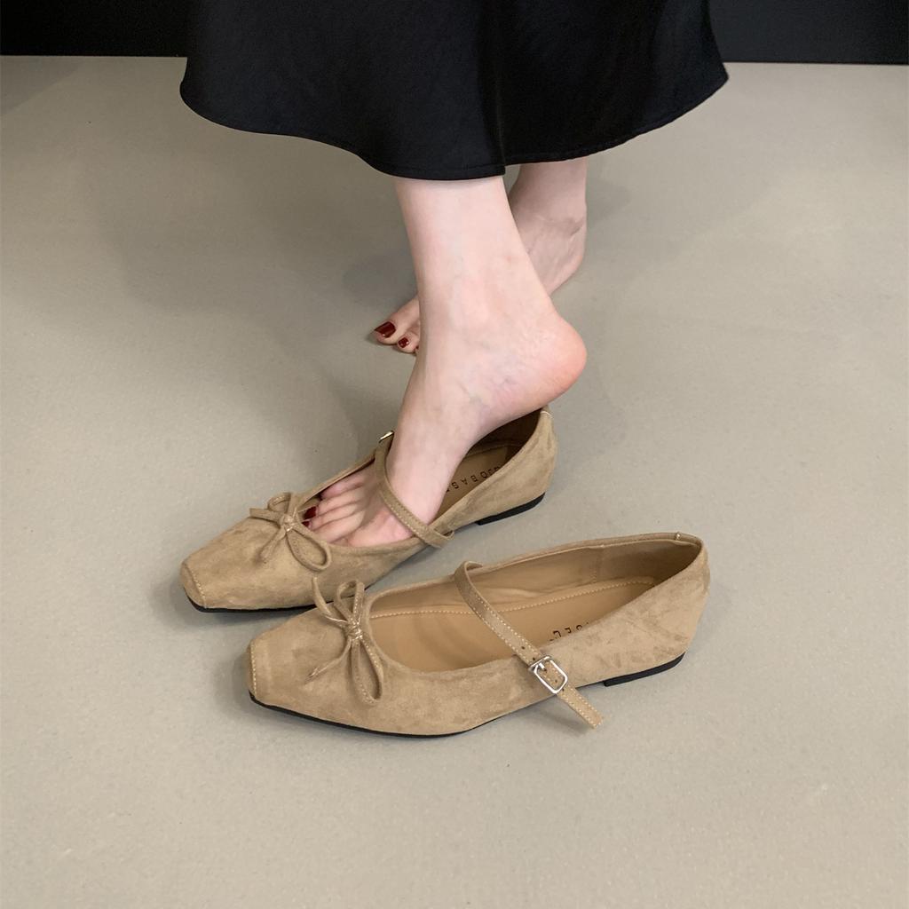 French Retro Suede Ballet Single Shoes Women's 2025 Autumn New Korean Version One-word Strap Flat Mary Jane Women's Shoes