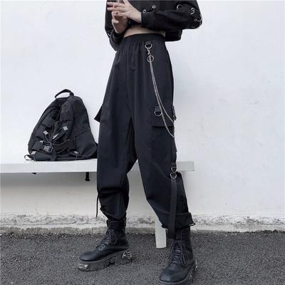 Pantalones cargo informales con cintura elástica para primavera y verano, cintas de moda para mujer, ropa de calle, pantalones bombachos hasta los tobillos para niñas con cadena