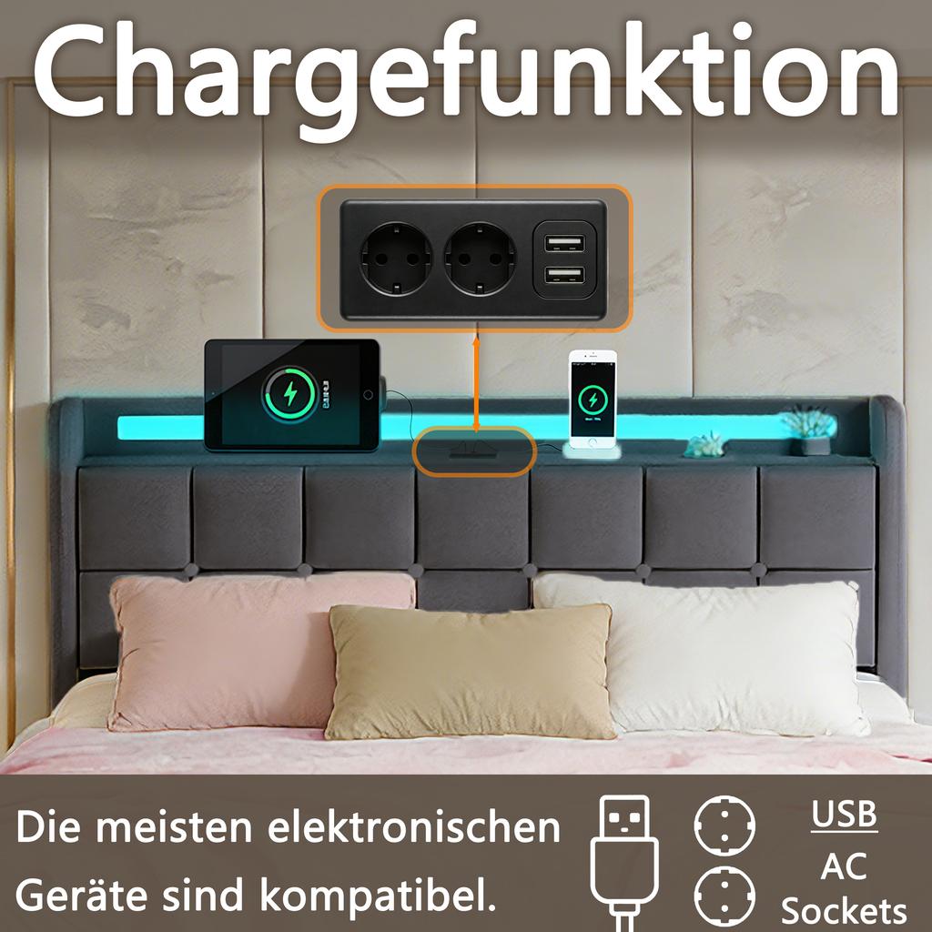 Bed Frame Color-Changing LED Light Strip, Built-In Charging Station, 4 Storage Drawers, Wooden Slats,Linen Frbric,Grey