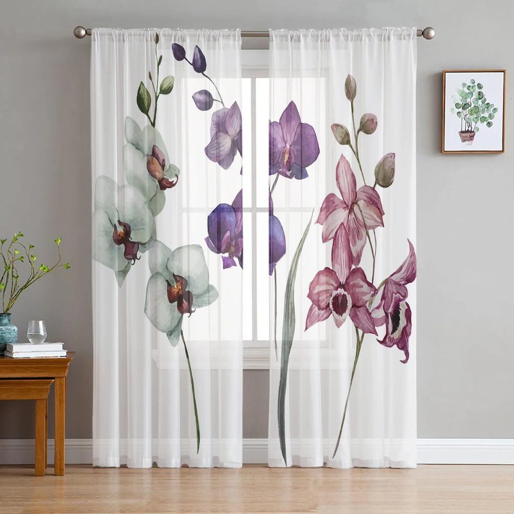 Flower Pure Orchid Water Surface Window Curtains Living Room Tulle Curtains Kitchen Decor Kids Room Curtain Window Treatment