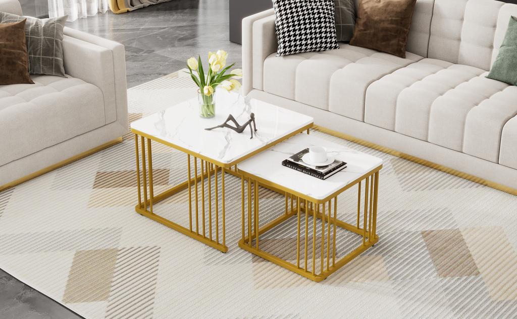 2-teiliges Set quadratische Hochglanz-Marmoroptik Kaffeetische, Stapeltische mit goldenen Beinen, 60*60*45cm und 45*45*40cm, Vielseitig