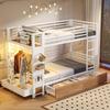 Bunk Bed,,90x 200 cm,,Iron Frame,4 Drawers, Several Shelves,,with LED Light Strip,,with Clothes Rail,Mattress Not Included,EN747 Certified,White